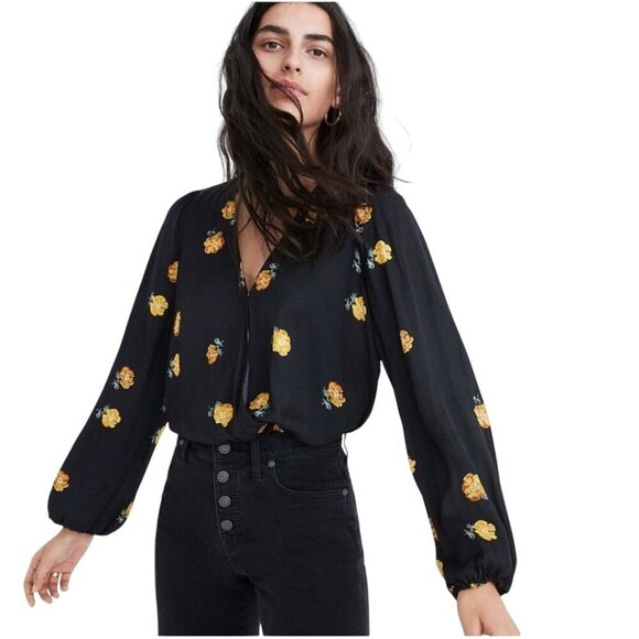 Madewell Bubble Sleeve Wrap Top In Floating Florets Black Gold Size S - Picture 1 of 10